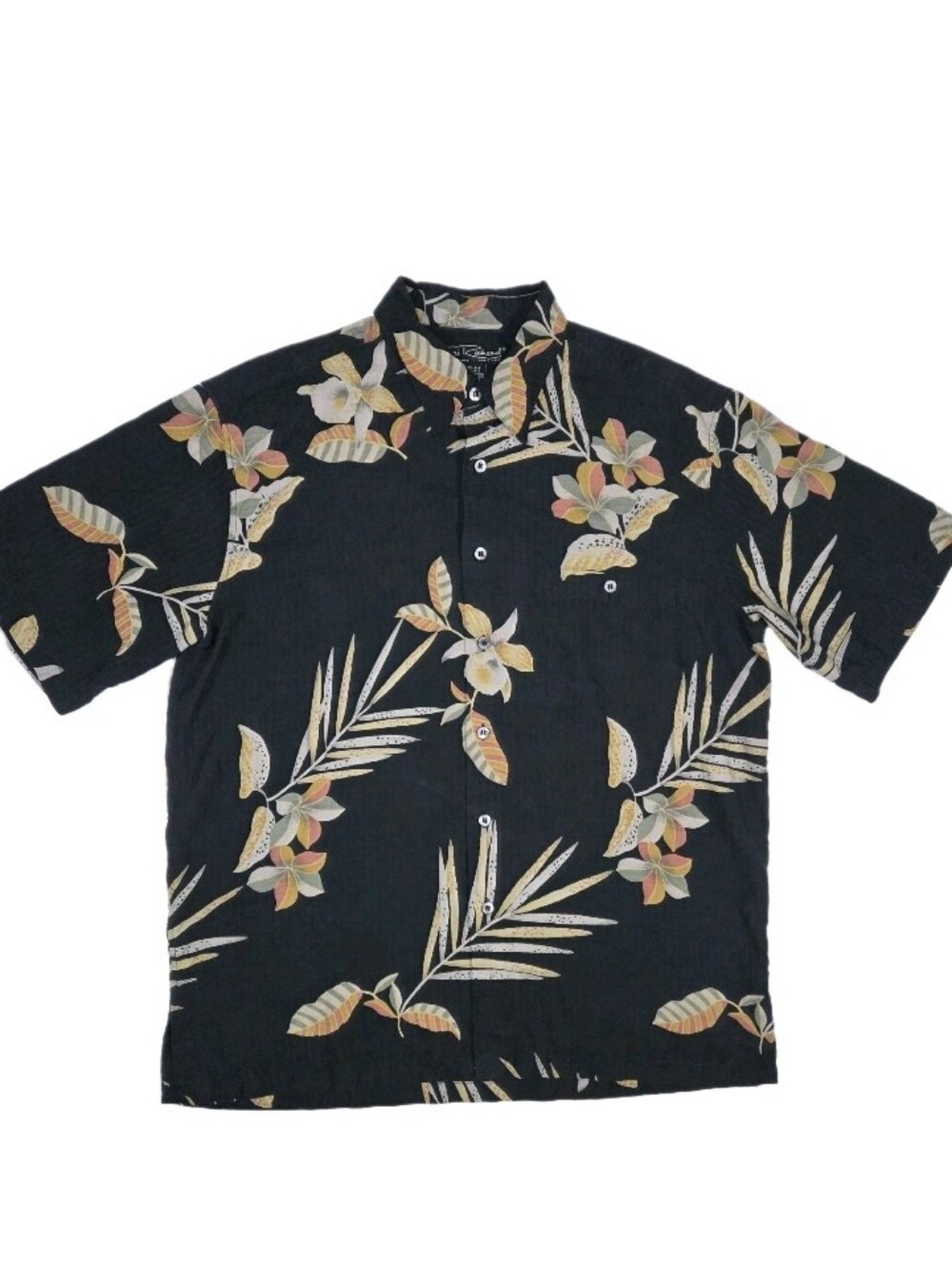 Tori Richard Silk Hawaiian Camp Shirt Size L Black Floral Palm Leaf Resortwear
